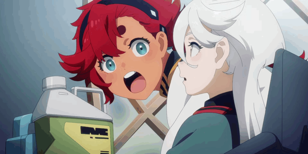 Suletta talking to Secelia in Gundam: The Witch From Mercury. 
