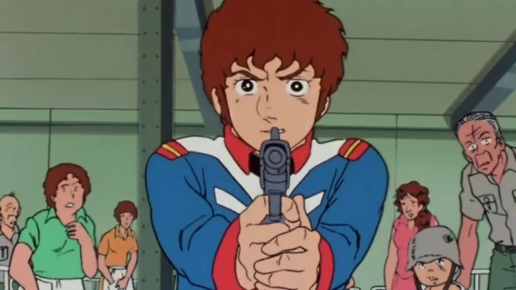 Amuro raising a gun in Mobile Suit Gundam. 