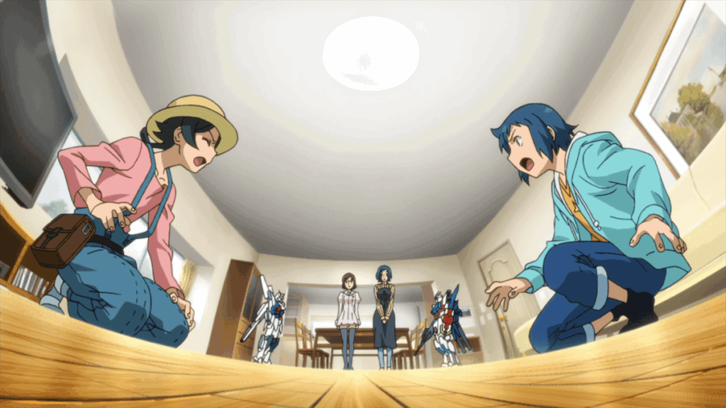 Sei and Mao fighting in Gundam Build Fighters. 