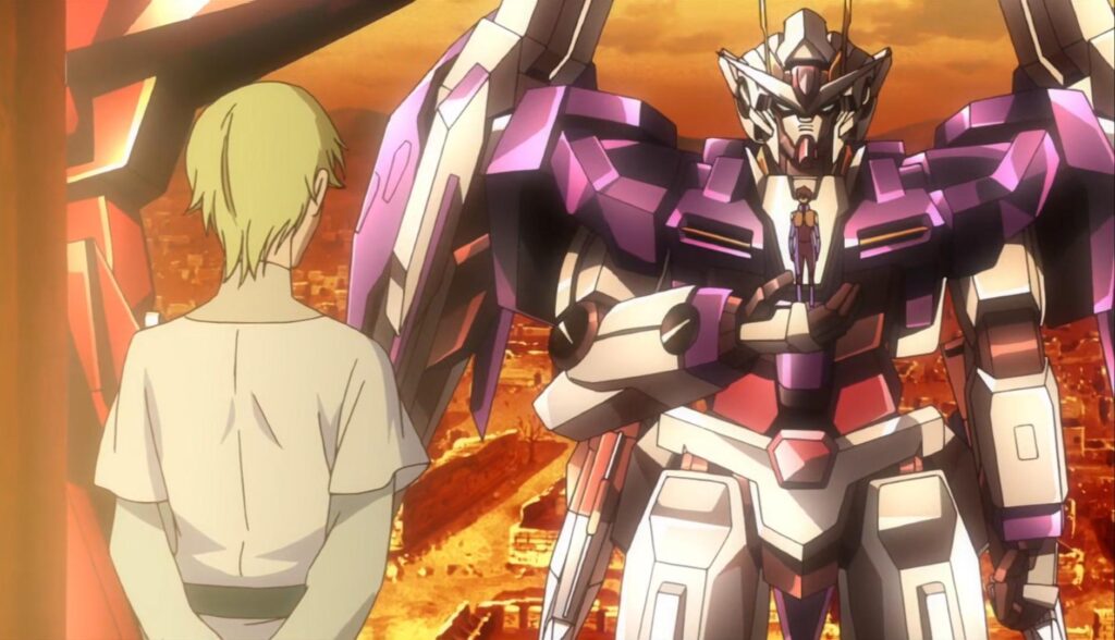 Louise looking at a suit in Mobile Suit Gundam 00. 