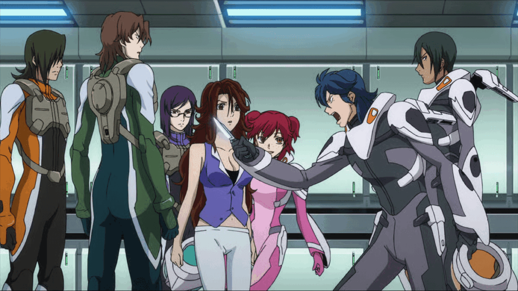 The main cast arguing in Mobile Suit Gundam 00. 