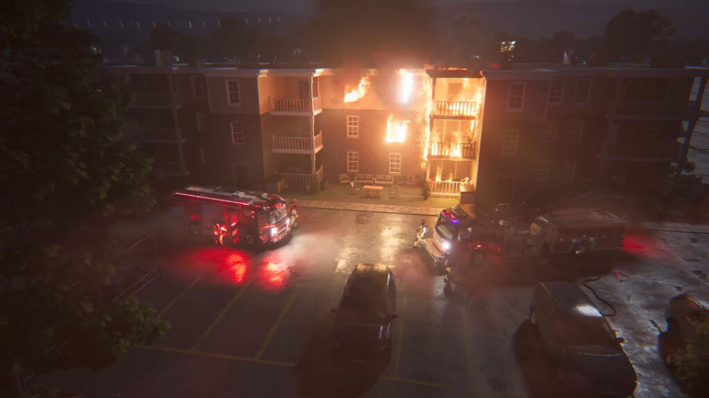 An image showing the gameplay of Firefighting Simulator: Ignite with multiple fire trucks and a building on fire.