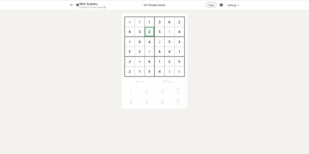 A screenshot of today's LinkedIn Mini Sudoku.
