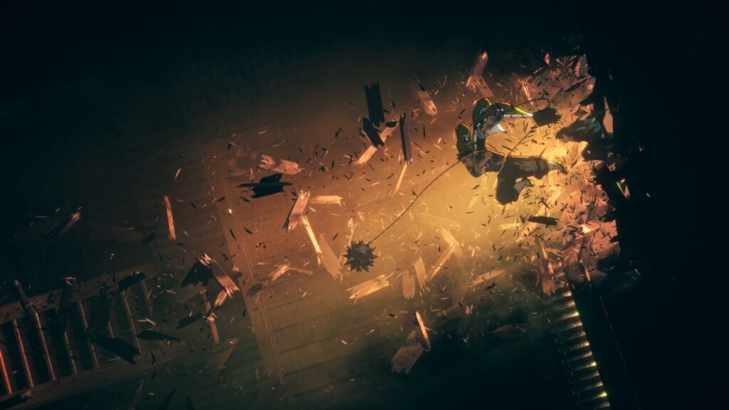 A character breaking through a wooden wall in Infinity Castle