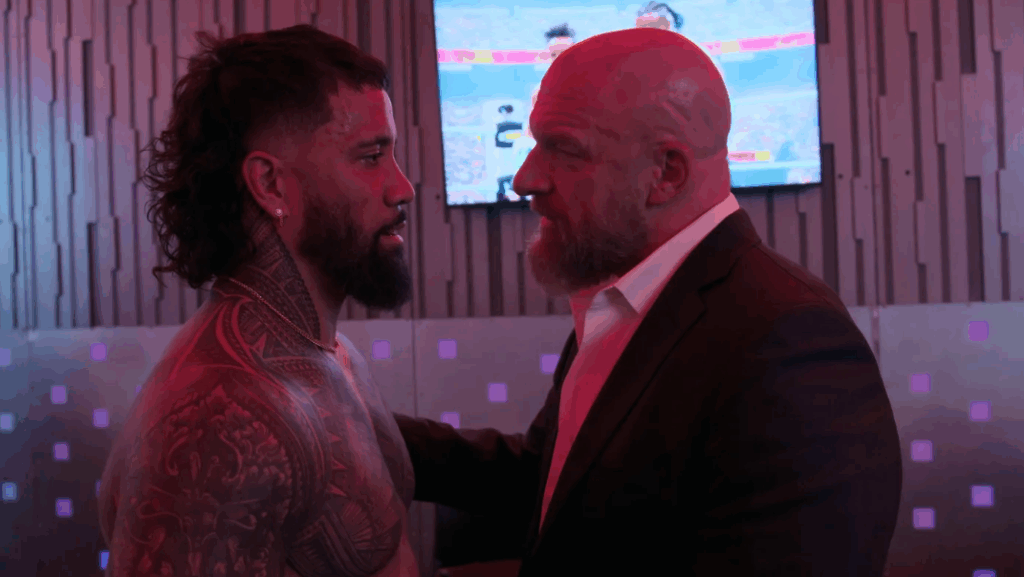 Jey Uso and Triple H having a conversation during an episode of WWE: Unreal