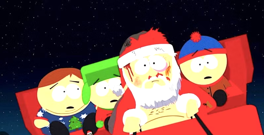 A beaten and bruised Santa Claus in a sleigh with three of the main boys from the show South Park. They are all looking terrified.