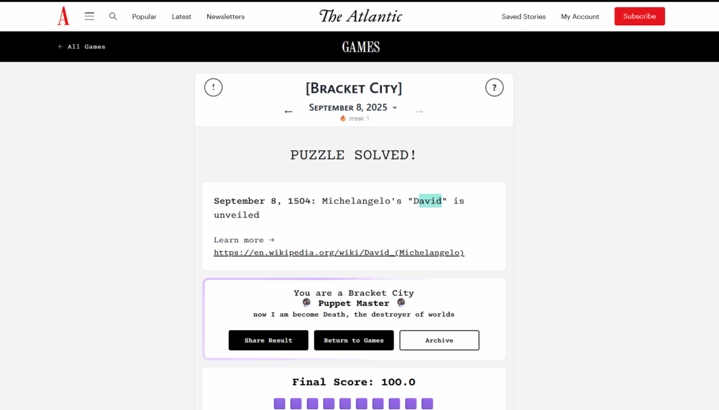 Solution for The Atlantic Games' Bracket City Puzzle on September 8