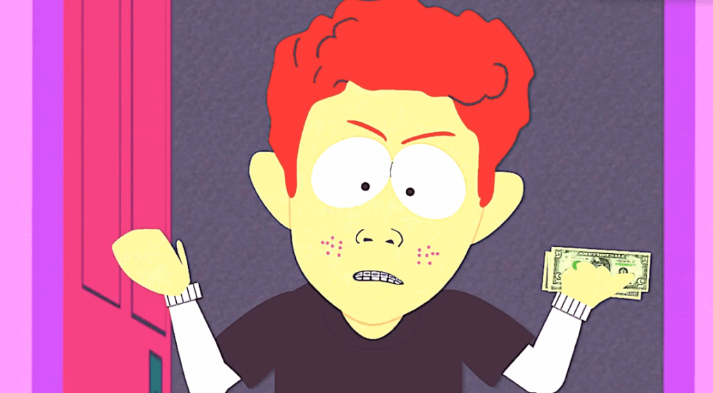A frustrated, red-haired Scott Tenorman is holding a single dollar bill. He's making a disgruntled face.