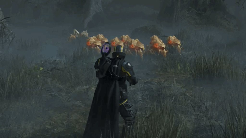 A diver using the Warp Pack against a swarm of small Terminids in Helldivers 2.