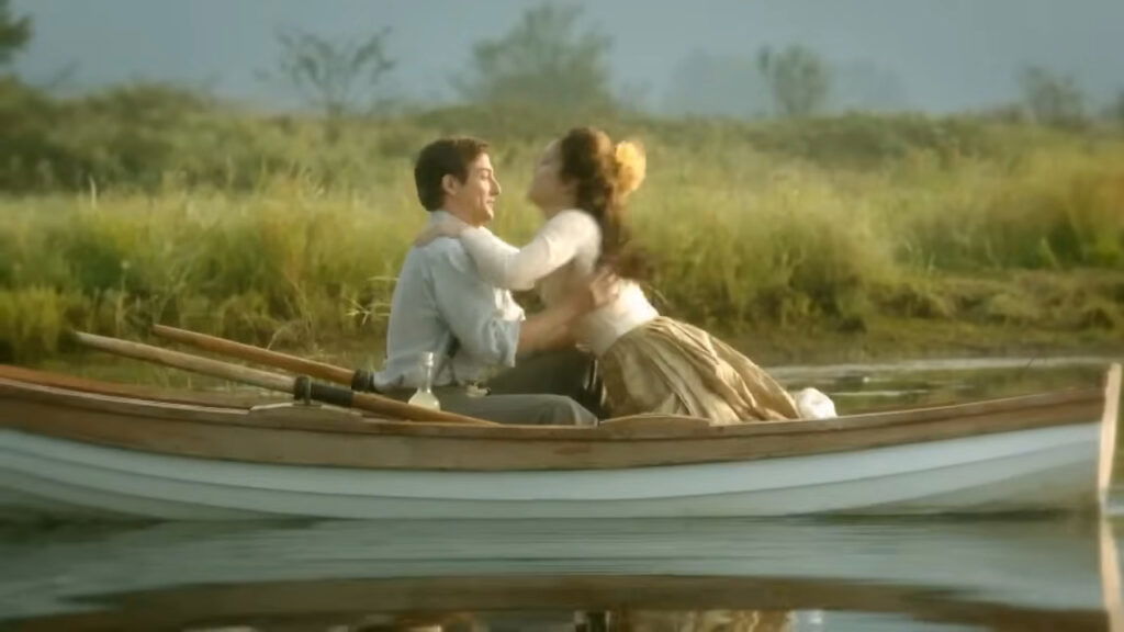 When Calls the Heart - Elizabeth Thatcher (Erin Krakow) and Constable Jack Thornton (Daniel Lissing) in a boat.