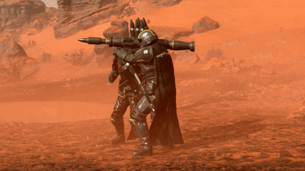 Helldivers 2 screenshot featuring two Helldivers using the RL-77 Airburst Rocket Launcher.