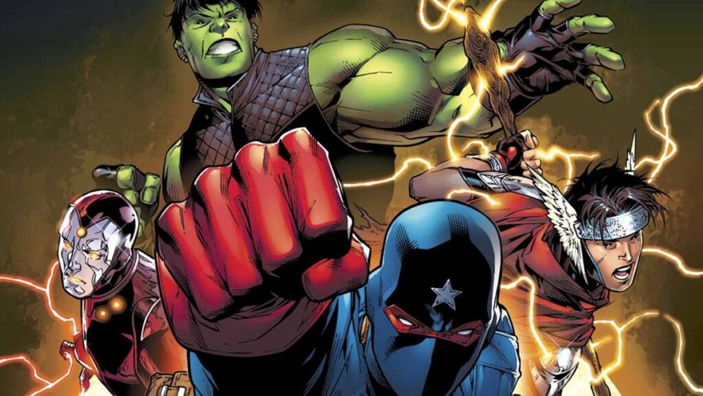 Comic book illustration showing the Young Avengers surrounded by energy effects and lightning.