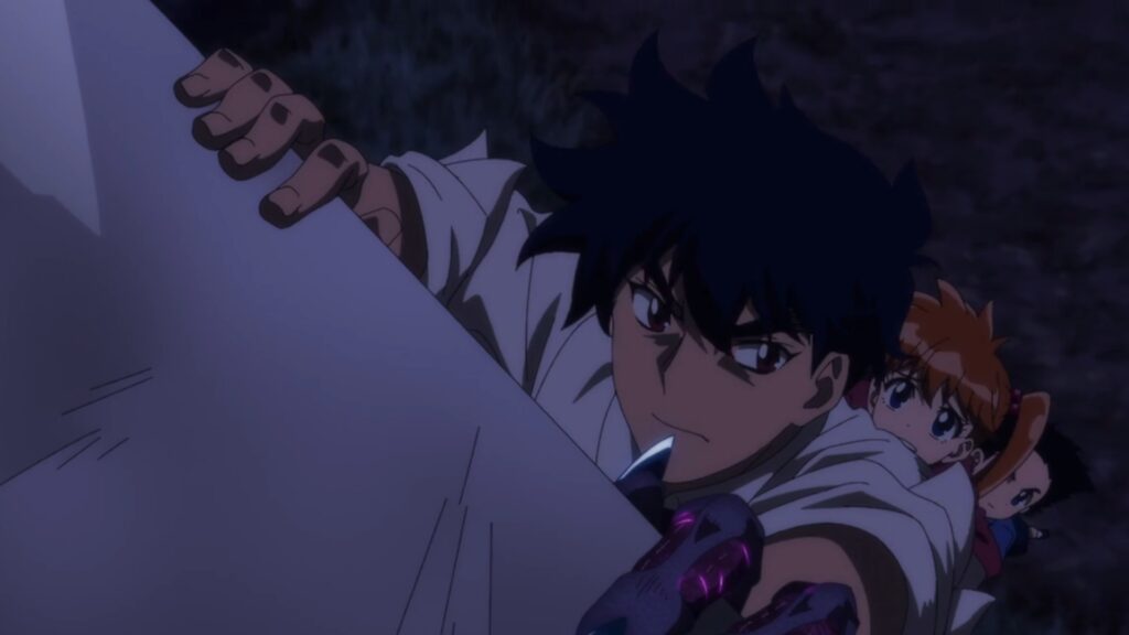 Nube is holding onto something and his students are holding onto him in a still from Jigoku sensei nube anime 