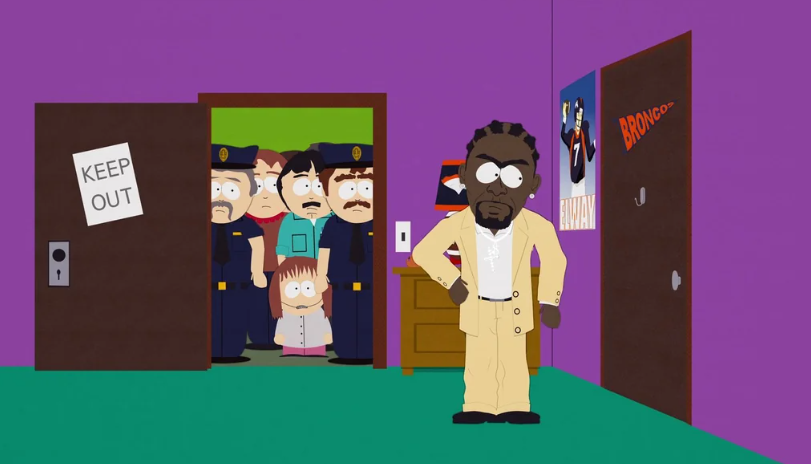 Several police officers and two other people, including Randy Marsh and a small girl, are crammed behind a doorway. They're looking at a man with dreadlocks, who is standing in a room with his hands on his hips.