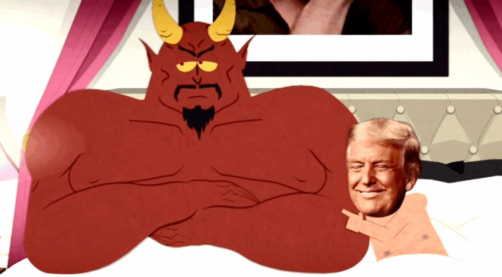 A muscular, red Devil character is sitting in bed, looking stern, with a photoshopped head of Donald Trump next to him on a small, pale body.