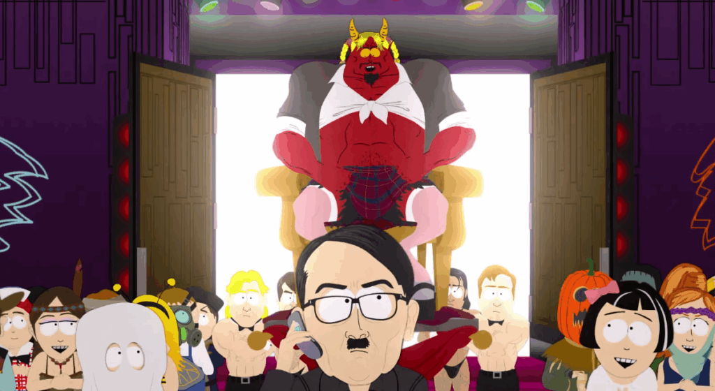 A red demon is on a throne, surrounded by various characters, including Adolf Hitler in the foreground.