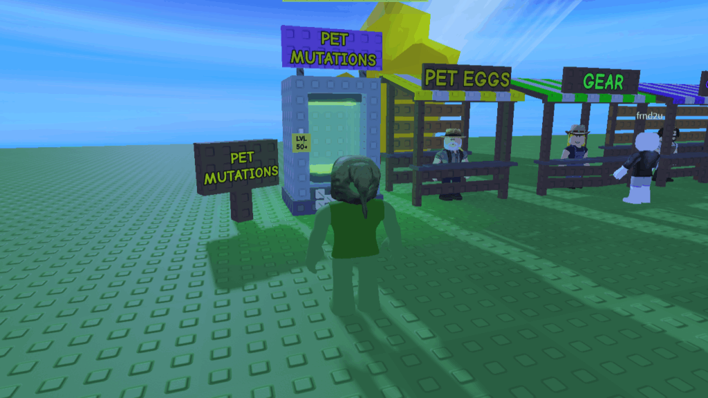 Roblox Grow a Garden screenshot featuring a player at the Pet Mutaation Chamber.