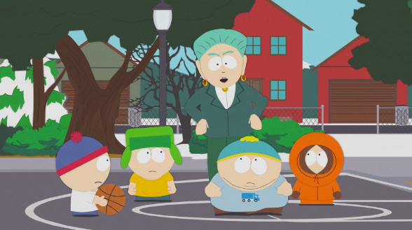 The four main boys, Stan, Kyle, Cartman, and Kenny, are on a basketball court with a tall woman with green hair and clothes.