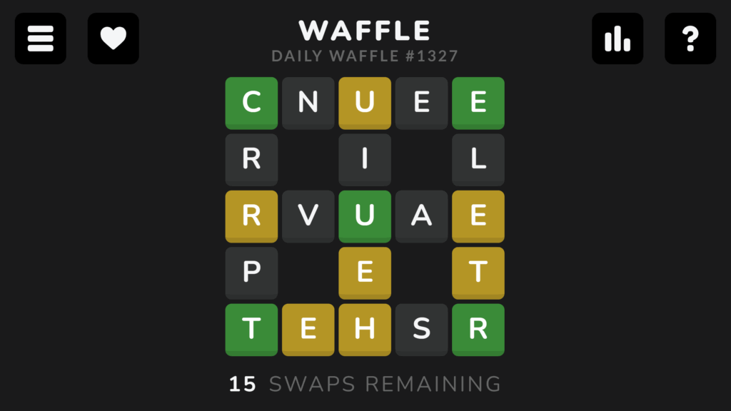 A screenshot of the Daily Waffle puzzle #1327. 