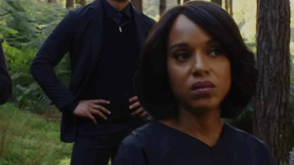 Kerry Washington in a forest in a still from Rian Johnson’s Wake Up Dead Man: A Knives Out Mystery