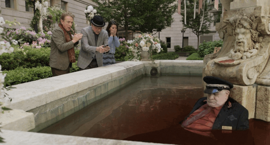 Lester found dead in the fountain in Only Murders in the Building