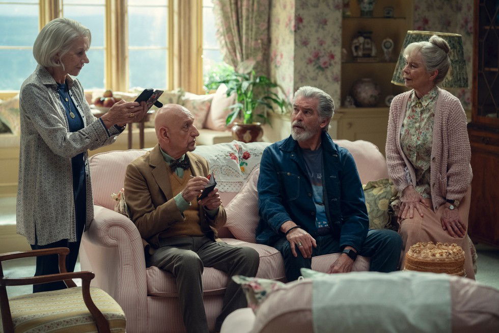 A still from The Thursday Murder Club (L to R): Helen Mirren, Sir Ben Kingsley, Pierce Brosnan, and Celia Imrie.