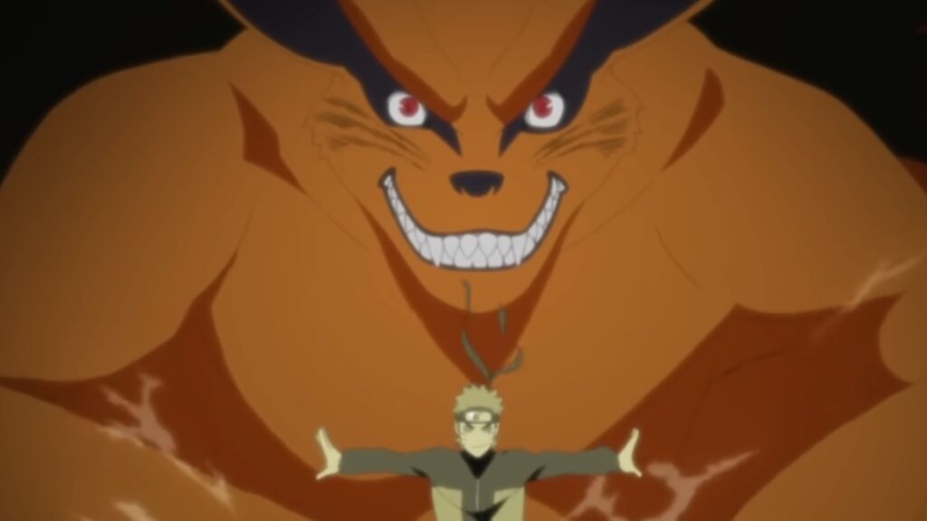 Naruto is standing in front of Kurama who's smiling in a still from Naruto Shippuden