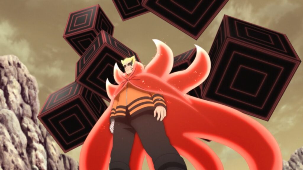 Naruto is standing in Baryon Mode
