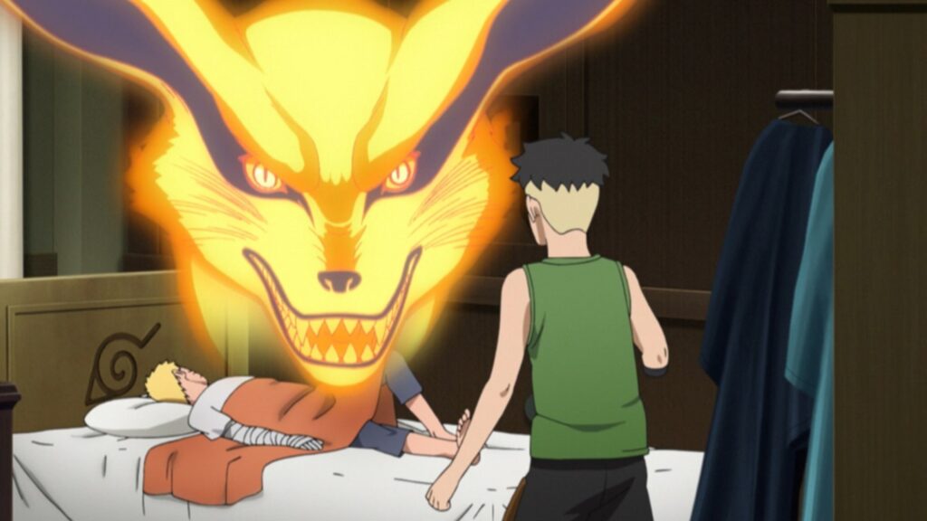 Naruto is laying a bed and Kawaki is looking at him in Boruto