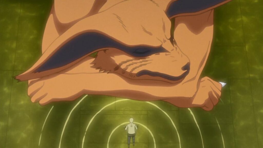 Naruto is standing in front of kurama who's sleeping