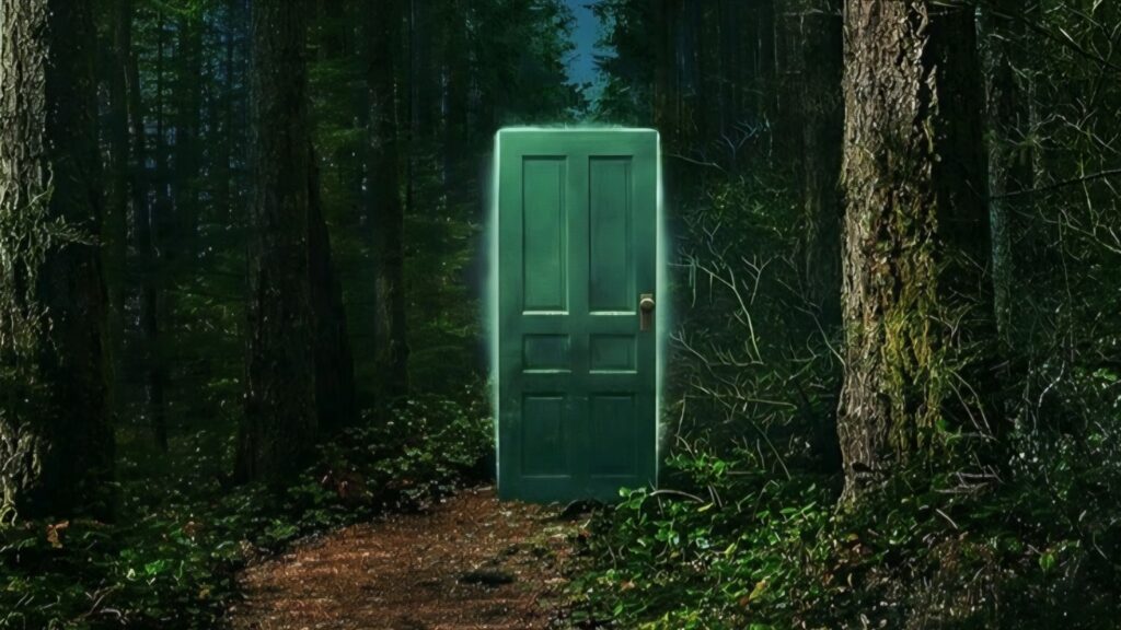 A green door in the woods