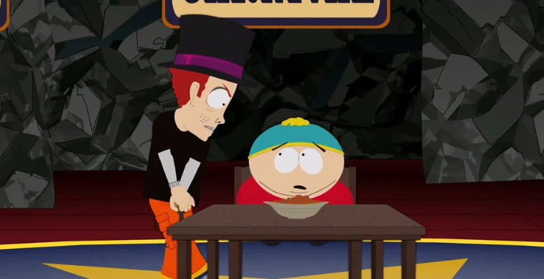 Scott Tenorman, wearing a top hat and bright orange pants is menacingly standing over Cartman, who is seated at a table with a bowl of food in front of him.