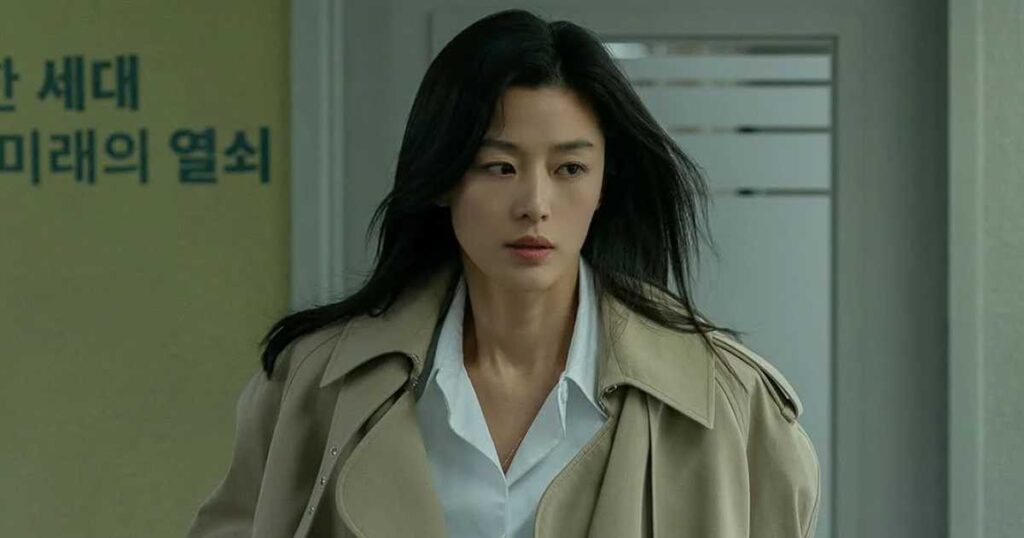 Ju Ji Hyun walking with a serious expression