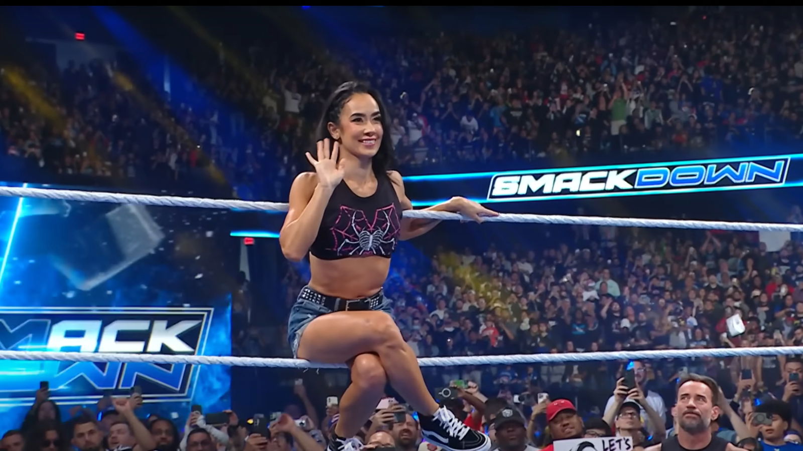 AJ Lee waving to Becky Lynch.