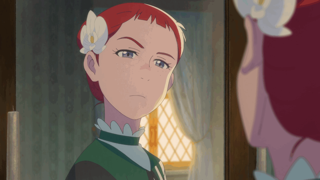 Anne looking at the orchid Roy gave her in Anne Shirley.