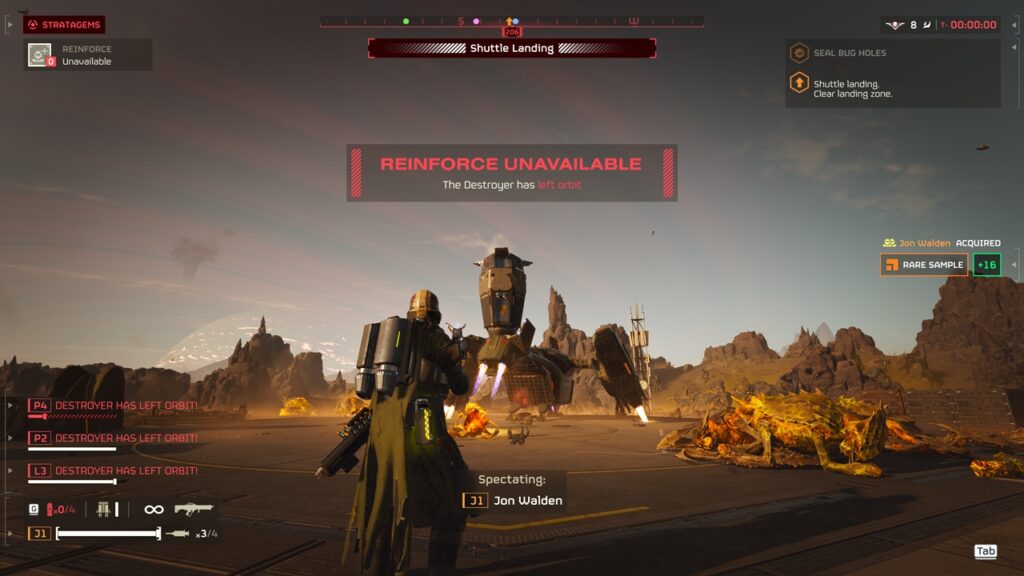 Helldivers 2 screenshot showcasing the extraction bug, one of the many technical issues the game is facing at the moment.
