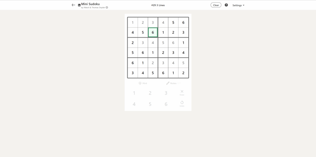 A screenshot of today's LinkedIn Mini Sudoku.
