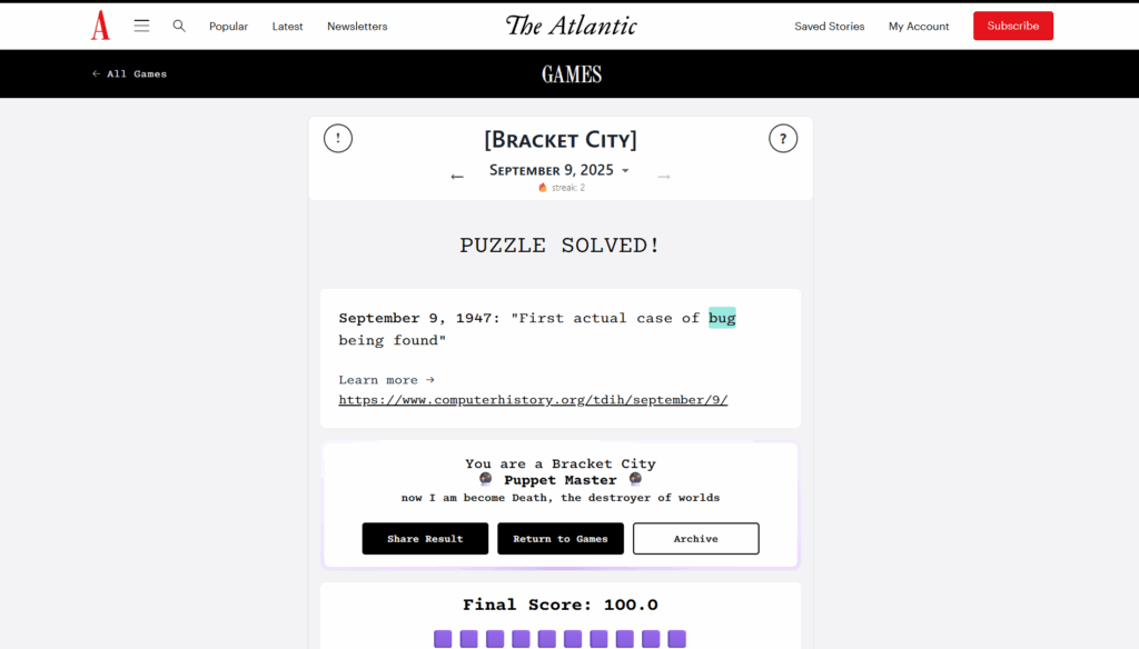 Solution for The Atlantic Games' Bracket City puzzle