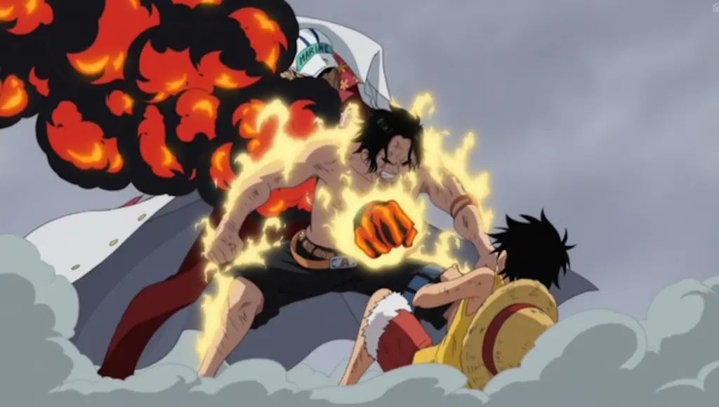 Akainu punching through Ace