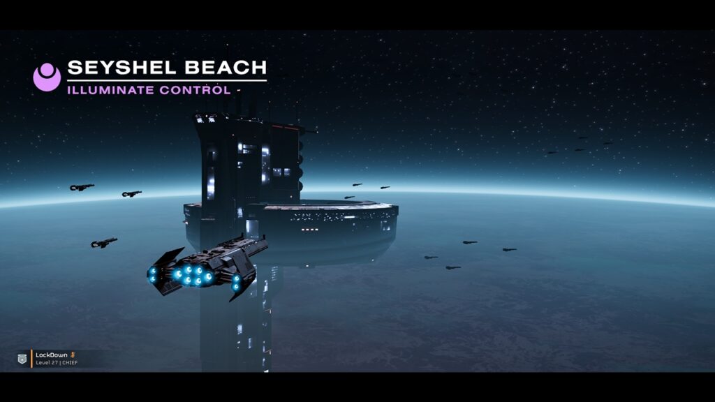 Helldivers 2 gameplay screenshot showing a player's Super Destroyer spaceship arriving into the orbit of planet Seyshel Beach.