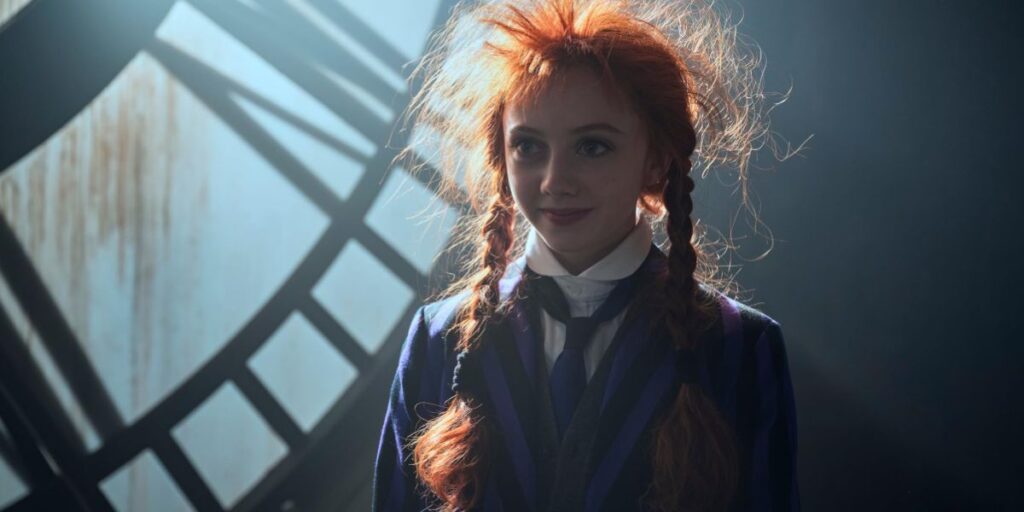 Evie Templeton in Wednesday with her hair frazzled