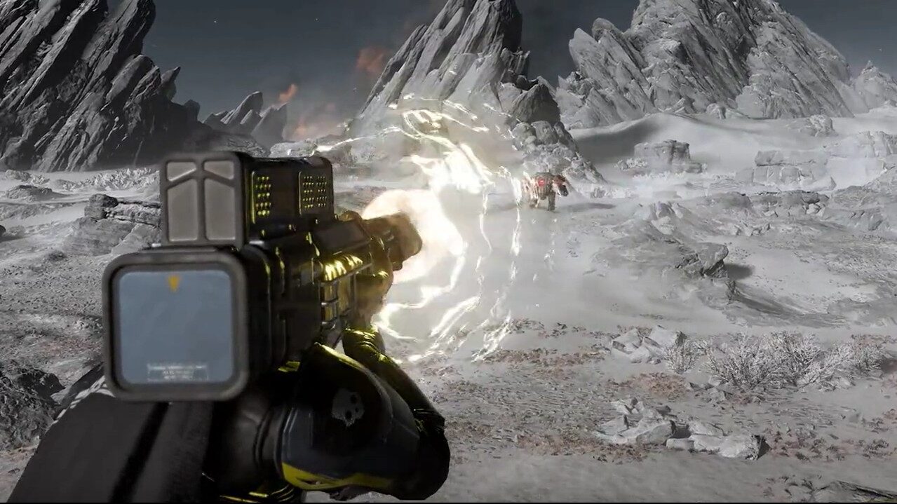 Soldier firing a quasar cannon in Helldivers 2