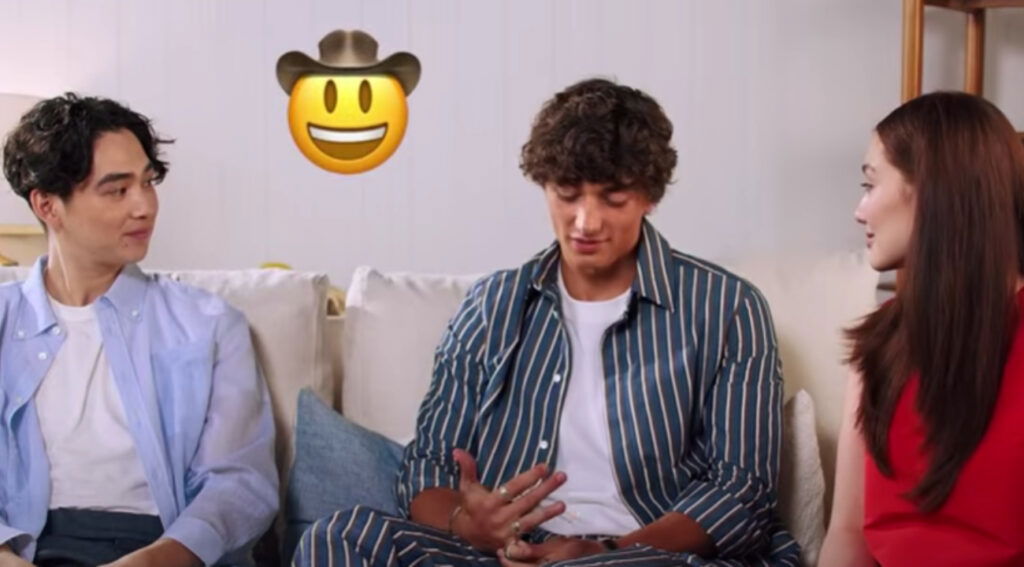 The cast bursts into laughter after hearing Gavin’s cowboy emoji explanation.
