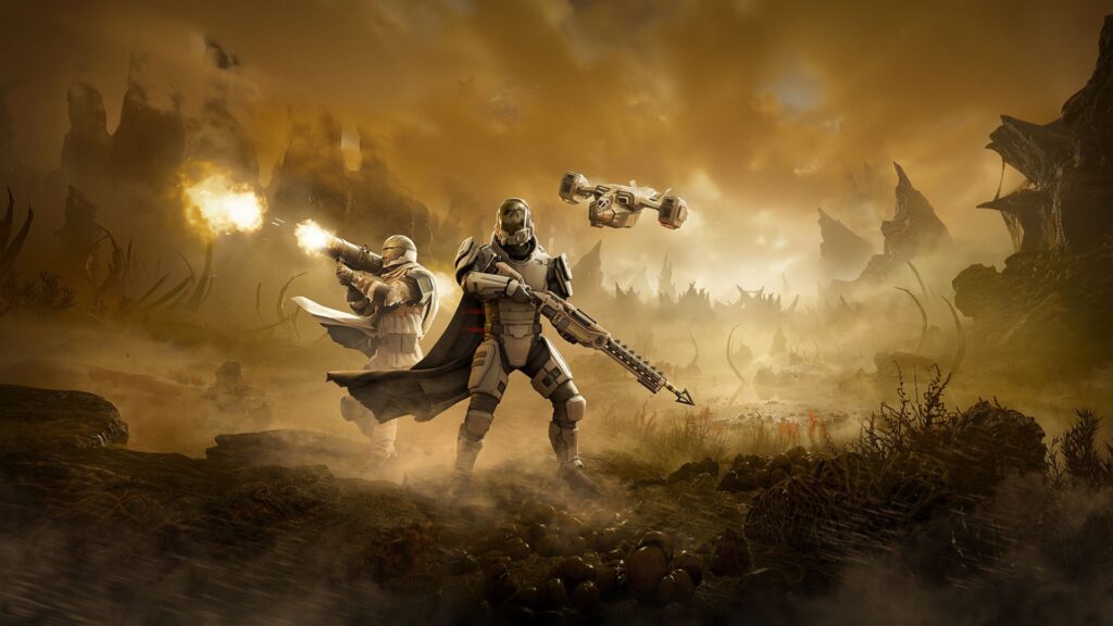 A trooper in the middle of a battle Helldivers 2