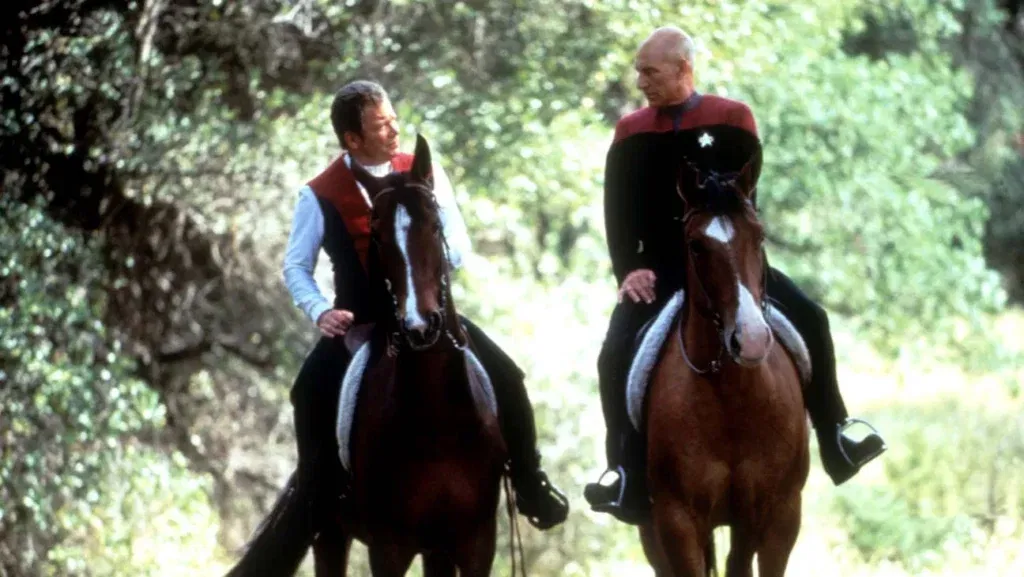 Kirk and Picard ride horses
