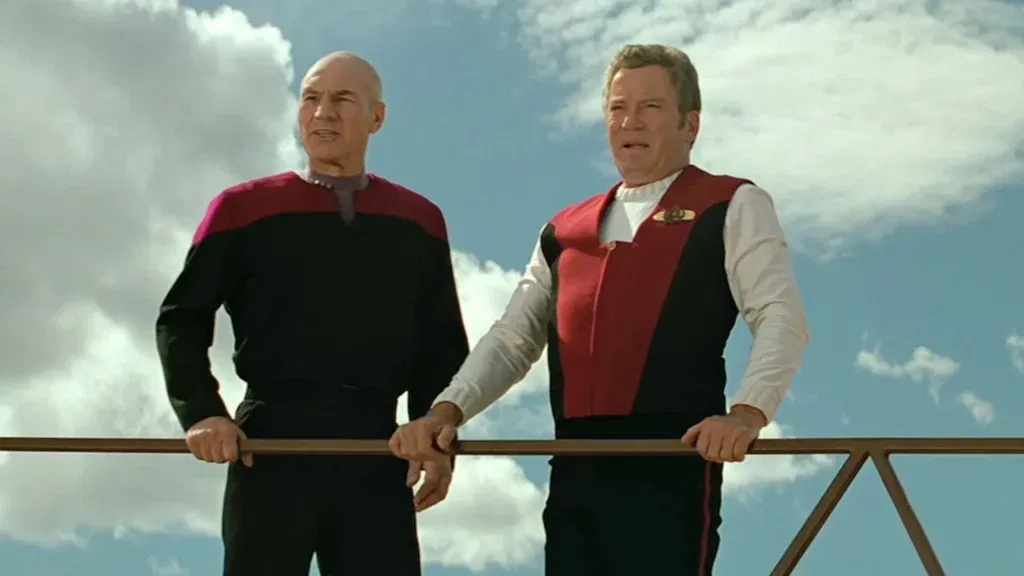 Picard and Kirk on a bridge