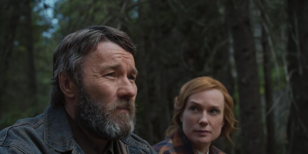 Kerry Condon looks at a morose Joel Edgerton in Train Dreams