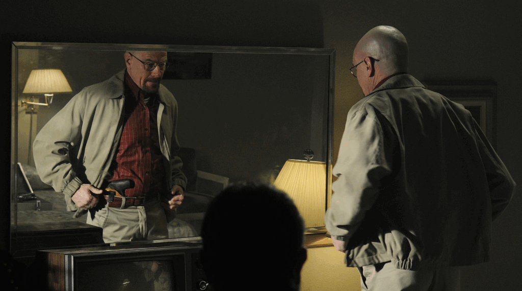 walter checking his revolver in his pants