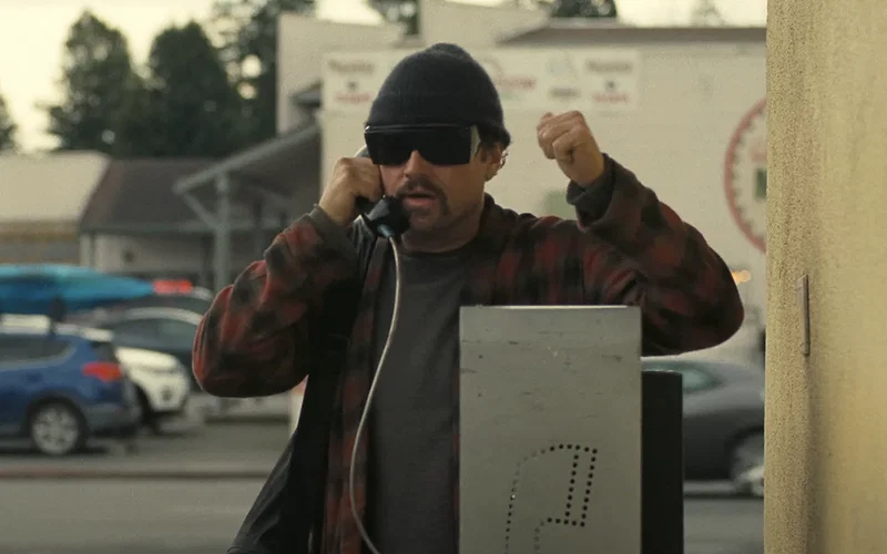 Leonardo DiCaprio using a phone booth in One Battle After Another.