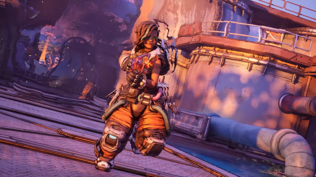 An image showing the gameplay of Borderlands 4. There is a girl running with a colorful gun.